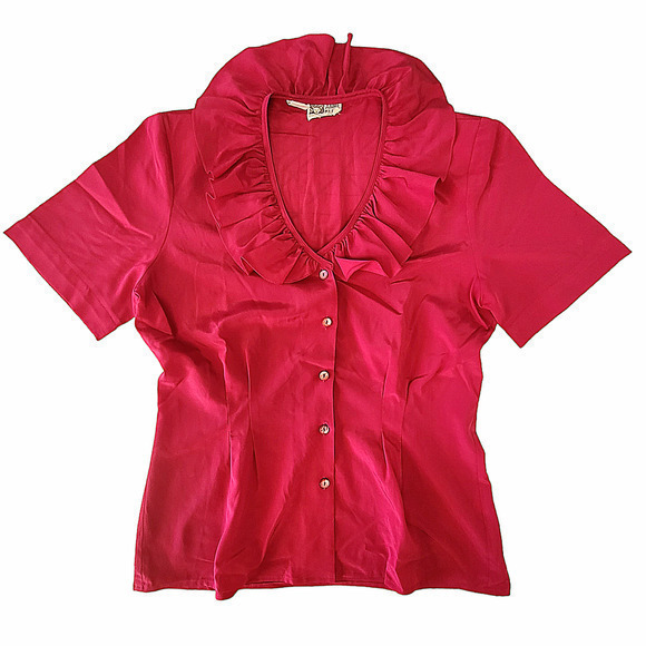 Vintage Anne Klein Hot Pink Ruffle Collar Short Sleeve Button Down Blouse Top - Picture 1 of 13